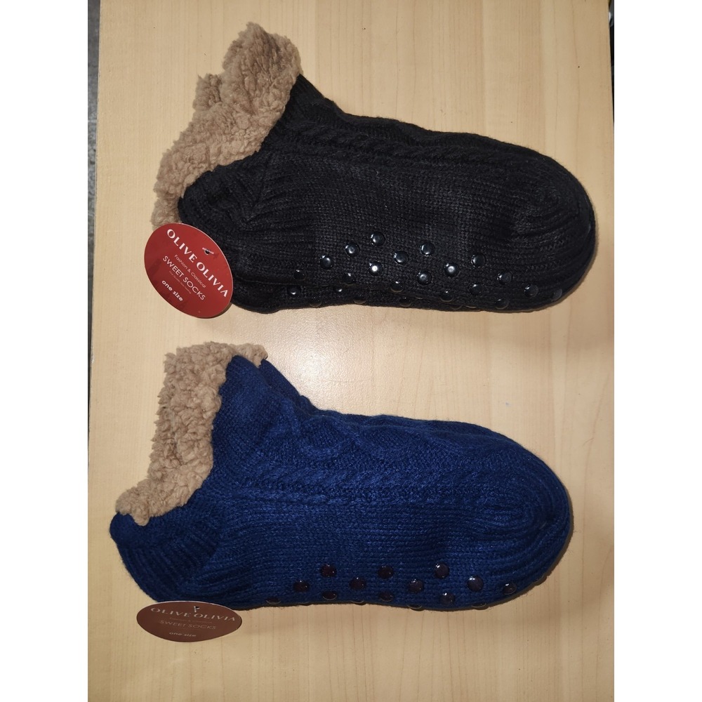 Olive Olivia Fuzzy Sweet Socks 2 Pair-Black & Navy Blue- One Size-NEW